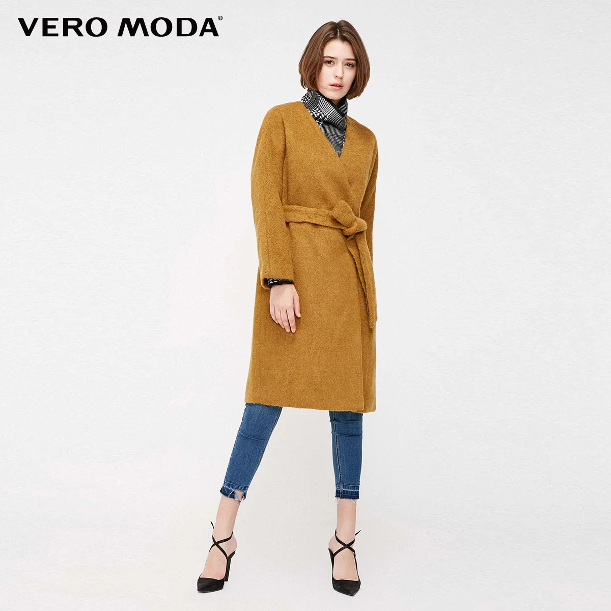 Vero Moda Женское зимнее шерстяное пальто средней длины с v образным вырезом и