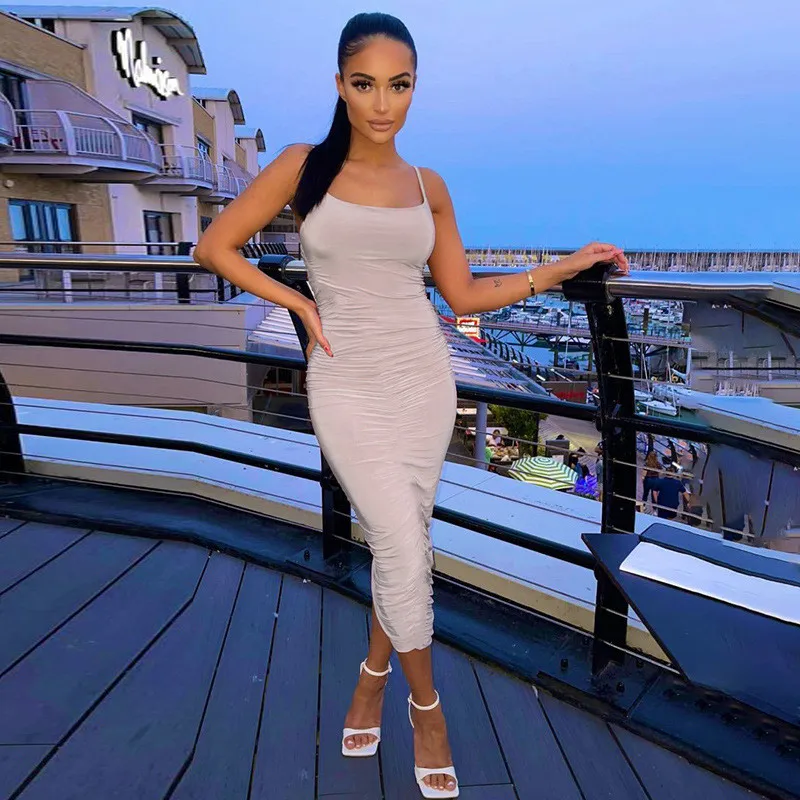 

2022 Spring Fashion Women Dress Soild Sleeveless Sexy Club Bodycon Elengant Sheath Cami Midi Dresses Lady wear Vestidos Robes