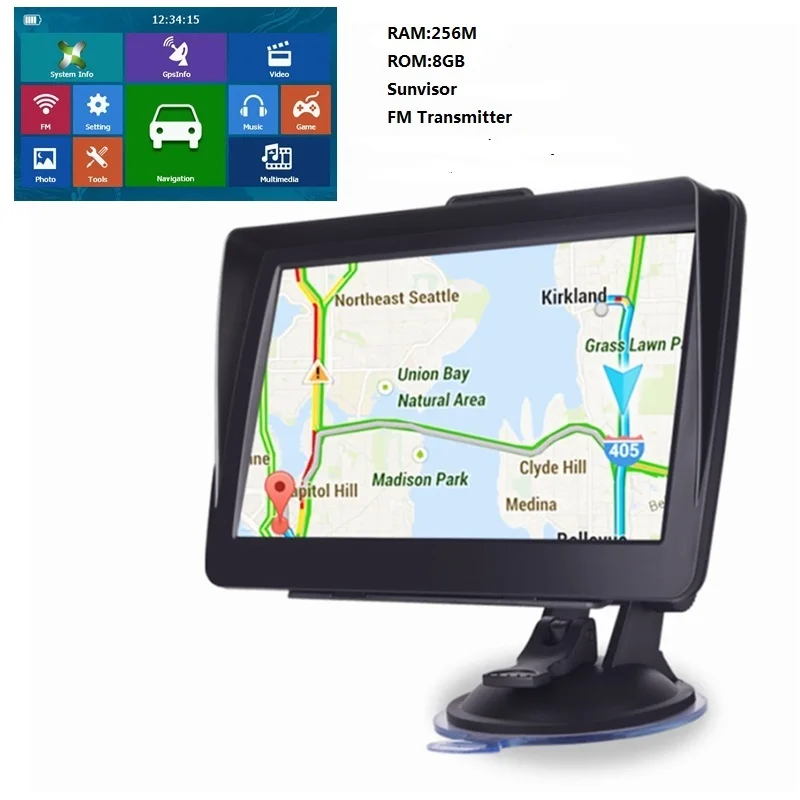 Автомобильная навигационная система GPS 7 дюймов с солнцезащитным козырьком 256 8 ГБ