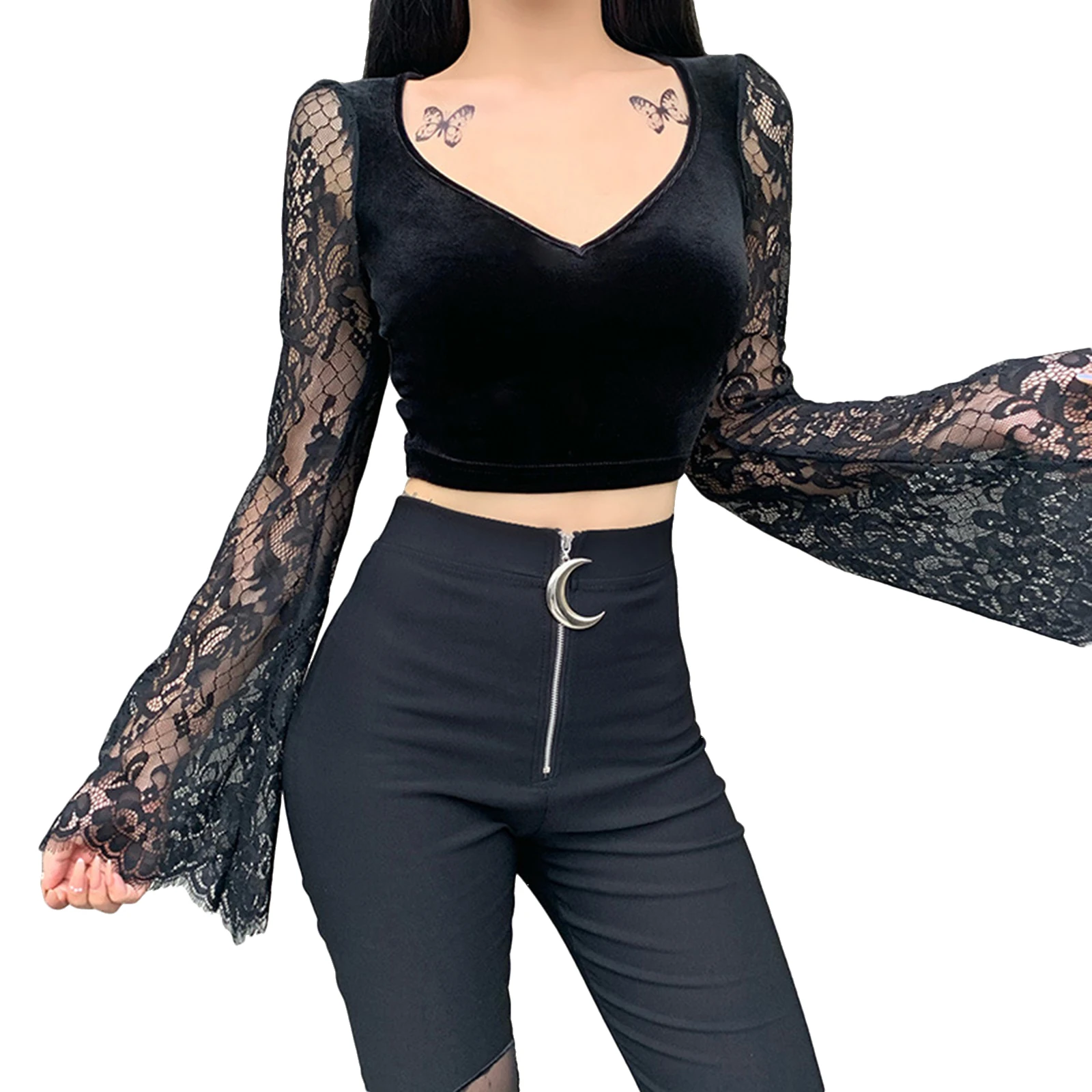 

Gothic Lace Flare Sleeve Crop Top Sexy See Through Long Sleeve V Neck Slim Fit T-Shirt Exposed Navel Women Tee Streetwear