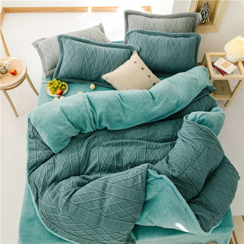 

Heavyweight Warm Knitted Duvet Cover Set Pink Green Grey 4Pcs Luxury Soft Warm Solid Bedding Set for Winter King Queen Size