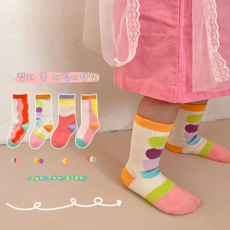 

1-8 Years 4 Pairs/set Ins Style Children Summer Matching Middle Tube Cotton Socks Kids Fashion Socks Universal For Boys&girls
