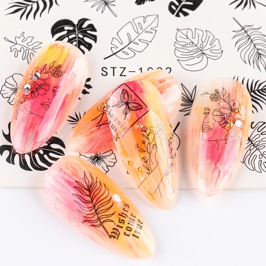 

Abstract Face Nail Stickers Black Animal Decals Foils Water Transfer Sliders For Nails Art Decorations Manicure TRSTZ1018-1033-1