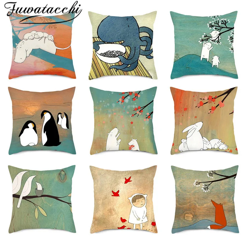 

Fuwatacchi Pure Linen Cushion Cover Natural Scenery Owl Fox Pillow Cover for Home Chair Sofa Decorative Pillowcases 45x45 Cm