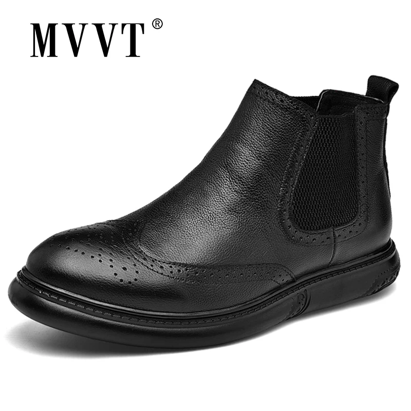 

Fashion Brogue Genuine Leather Boots Men Winter Boots With Fur Size 46 Quality Leather Men Chelsea Boots Winter Footwear