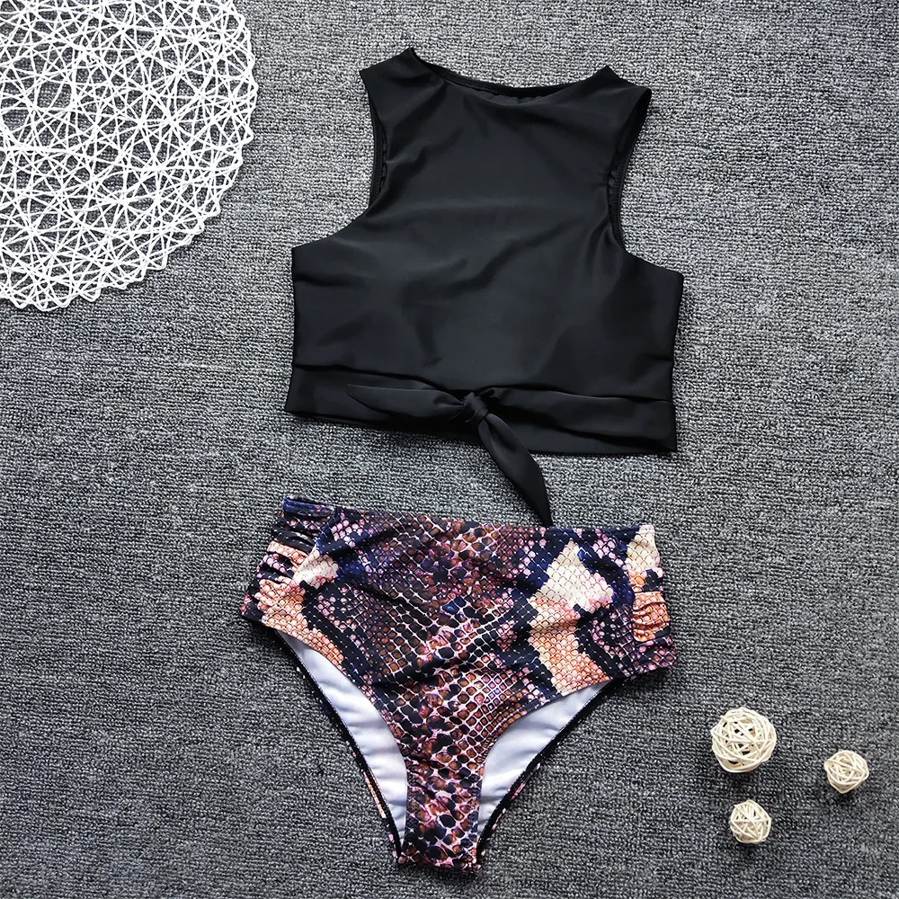 Women Bowknot Swimsuit Leopard Tankini Set High Waist Bikini Crop Top Swimwear Vintage Bathing Suit Sports Swimming Suit Biquini