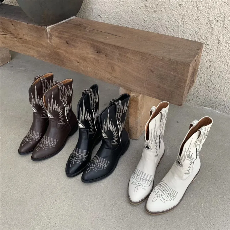 

Western Cowboy Boots Women 2021 Spring New Embroidered Mid-Tube Boots Fashion Female Retro Thick Heel Knight Boots