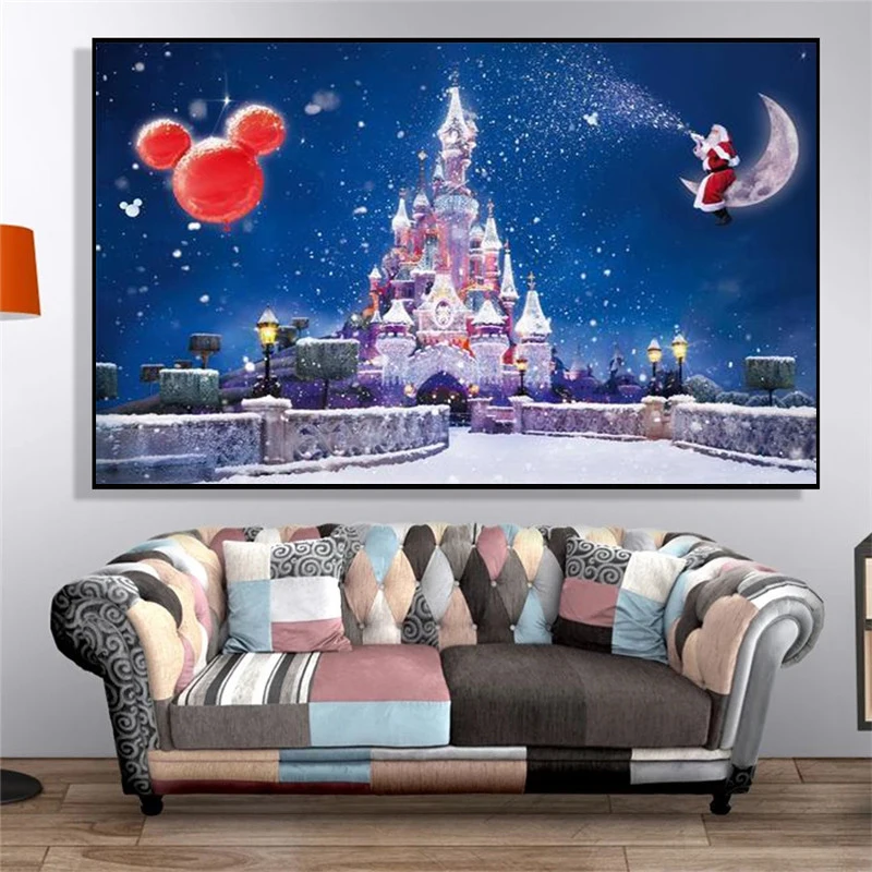 

Merry Christmas Wall Painting Pictures for Kids GIFT Room Decor Cartoon Santa Claus and Disney Castle Canvas Art Posters Prints