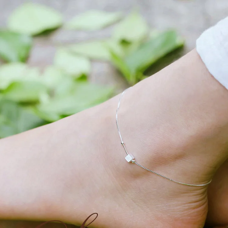 

New Fashion Foot Anklet 925 Sterling Ladies Silver Anklets Bracelet Chain For Women Square Pendant Foot Pulseras Jewelry