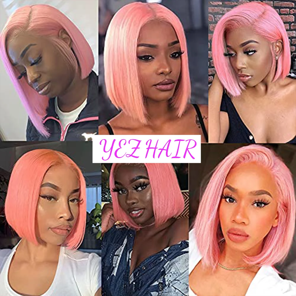 YEZ Pink Bob Wig Straight 13x6 Transparent Frontal Human Hair Wig Short Bob Lace Front Wig For Women Y44124 images - 6
