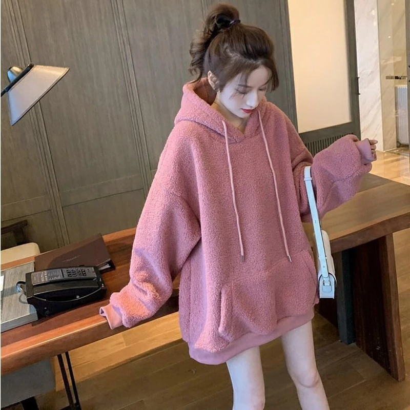 

EACHIN Women's Hoodies Female Oversize Letter Embroidery Warm Hooded Tops Tracksuit Sweatshirt Long Sleeve Loose Sportswear Coat