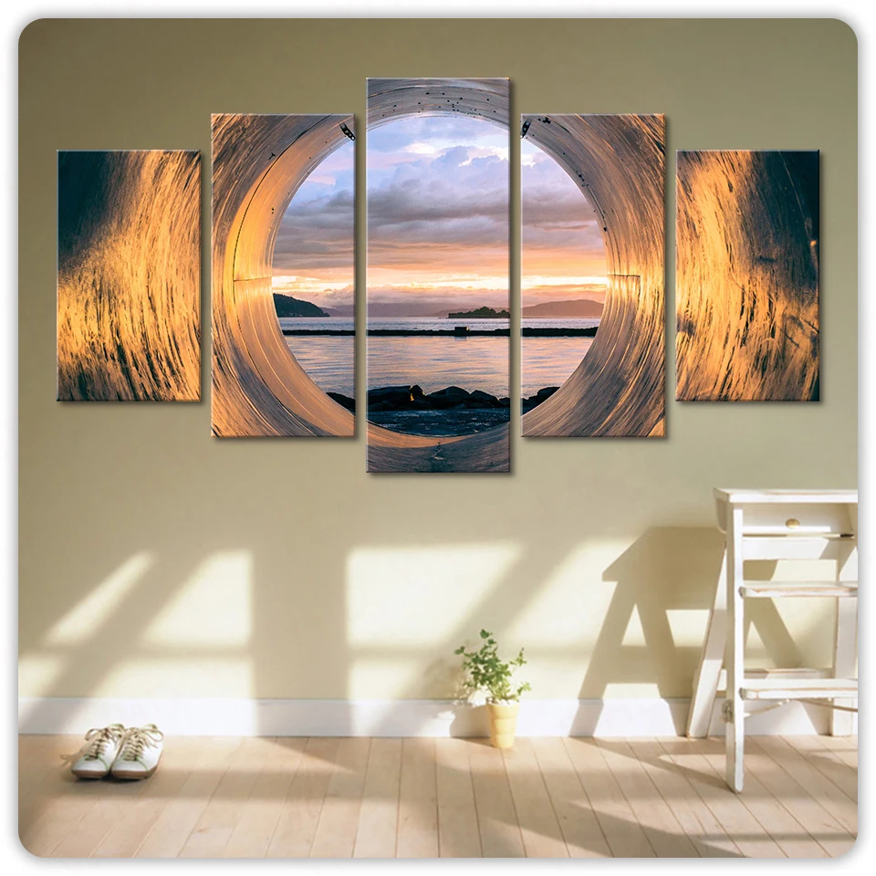 

Wall Art Painting Modular Poster Modern Home Decor 5 Panel Tube Sunset Ocean View Frame Living Room Canvas HD Print Pictures