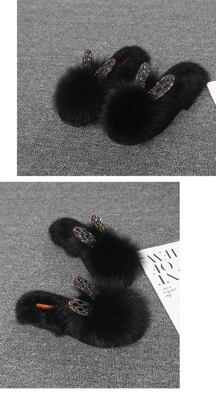 Сезон осень; дизайн; Двойное сердце серьги со стразами натуральный кроличий мех меховая заколка тапочки на плоской подошве перетаскивание Для женщин обувь XYZ340