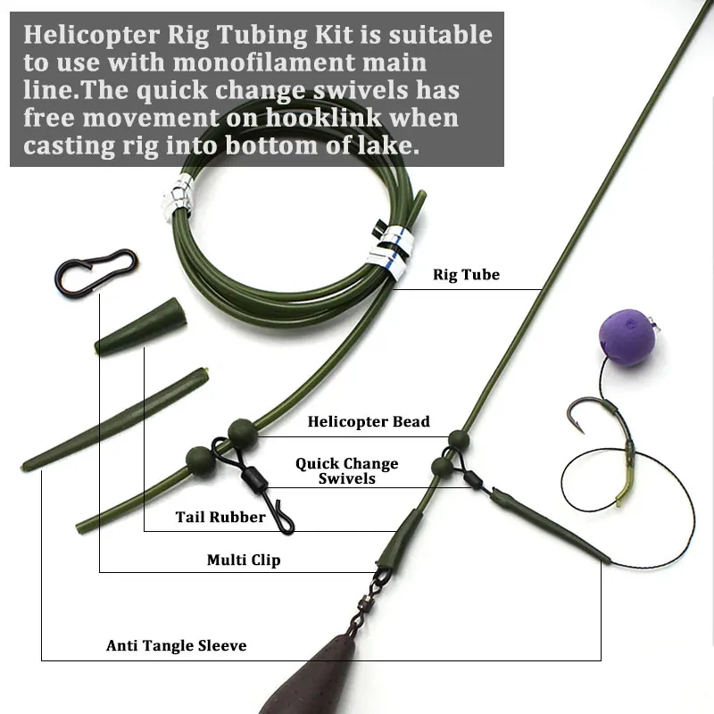 3x Pre Rigged Rig Tube Helicopter Chod Hair Rigs Carp Fishing Tackle links Green