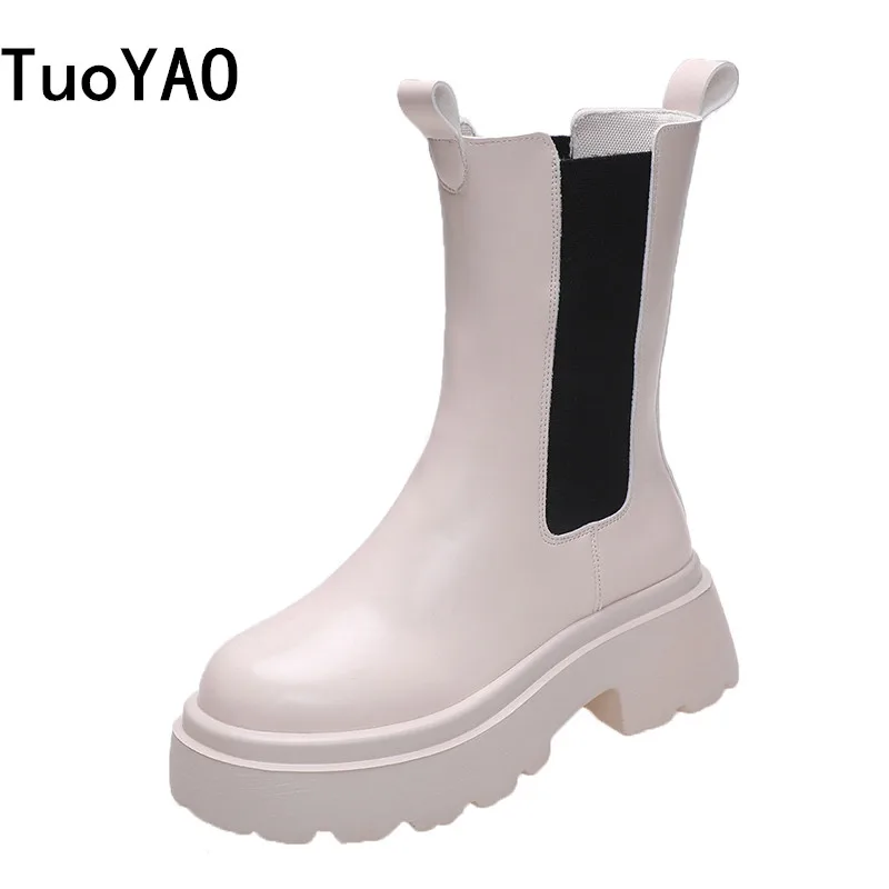 

Женские сапоги до середины икры, осень 2021, обувь из искусственной кожи на толстой подошве на танкетке для женщин, зимние сапоги, женские крос...