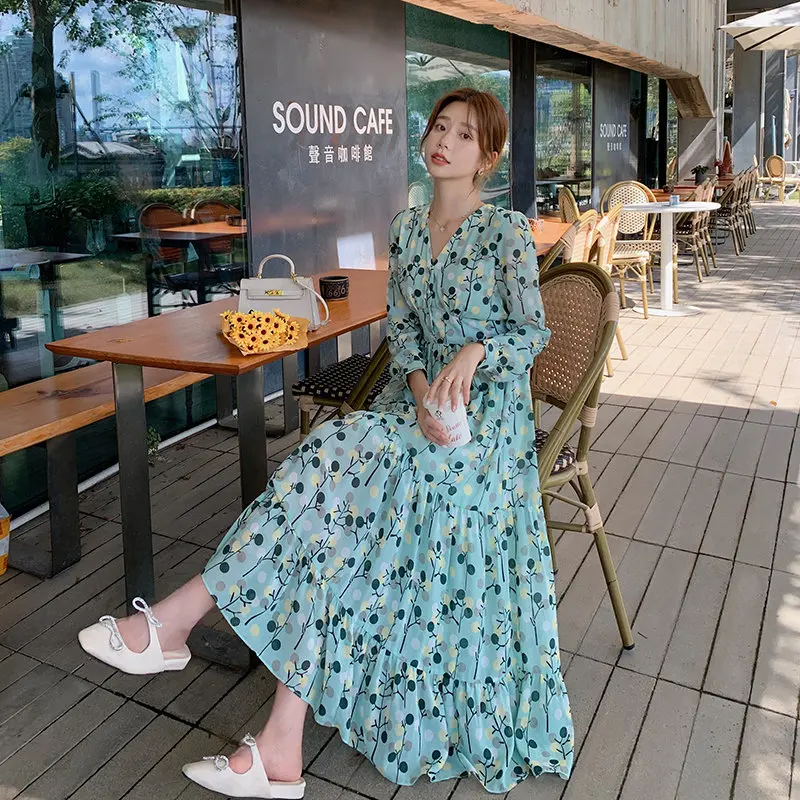 

Платье женское весеннее свободное с V-образным вырезом и высокой талией