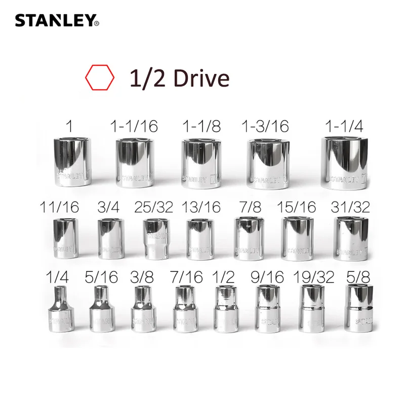 

Stanley 1-piece standard 1/2 inch socket wrench 1/4 5/16 3/8 7/16 1/2 5/8 to 3/4 25/32 31/32 1-1/4 sockets mechanics tools 6PT