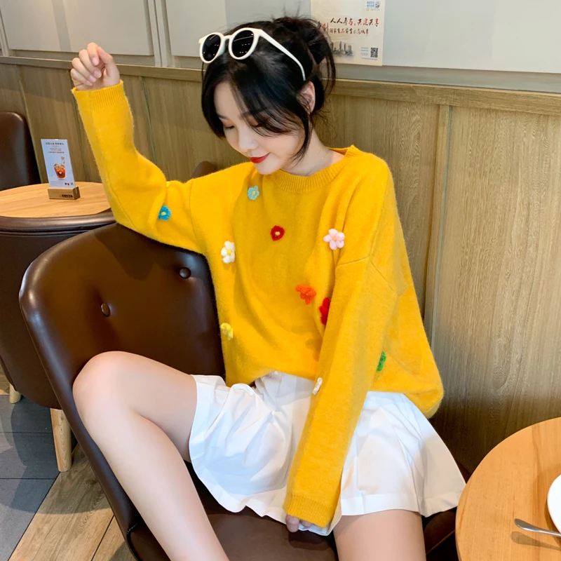 2020 autumn knitting pullovers college girls winter warm soft sweet candy colors sweater for women flower patched long sleeves | Женская