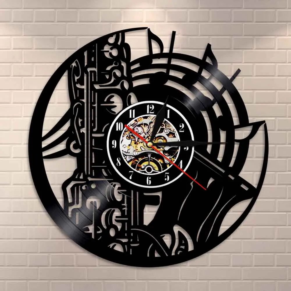 Саксофон музыкальный оркестр звуковая симфония латунная Виниловая пластинка часы музыкальная стена искусство домашний декор настенные часы Джаз музыка подарок