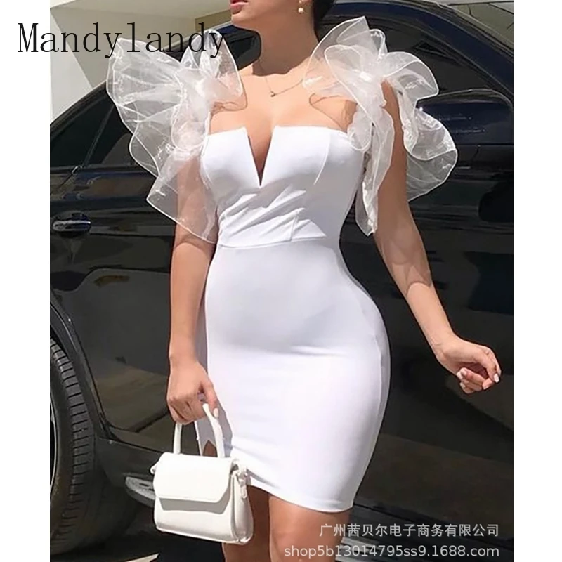 

Mandylandy Dress Autumn Sleeveless Backless Spaghetti Strap Strapless High Waist Dress Women's Sexy Ruffled Mesh Stitching Dress