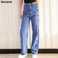 jeans women vintage heart print straight ladies denim pants high waist blue gray casual pants for women fashion woman jeans