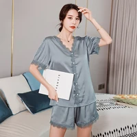 2021 summer new womens pajamas sexy lace edge breathable v neck short sleeve shorts nightwear suit home wear sleepwear