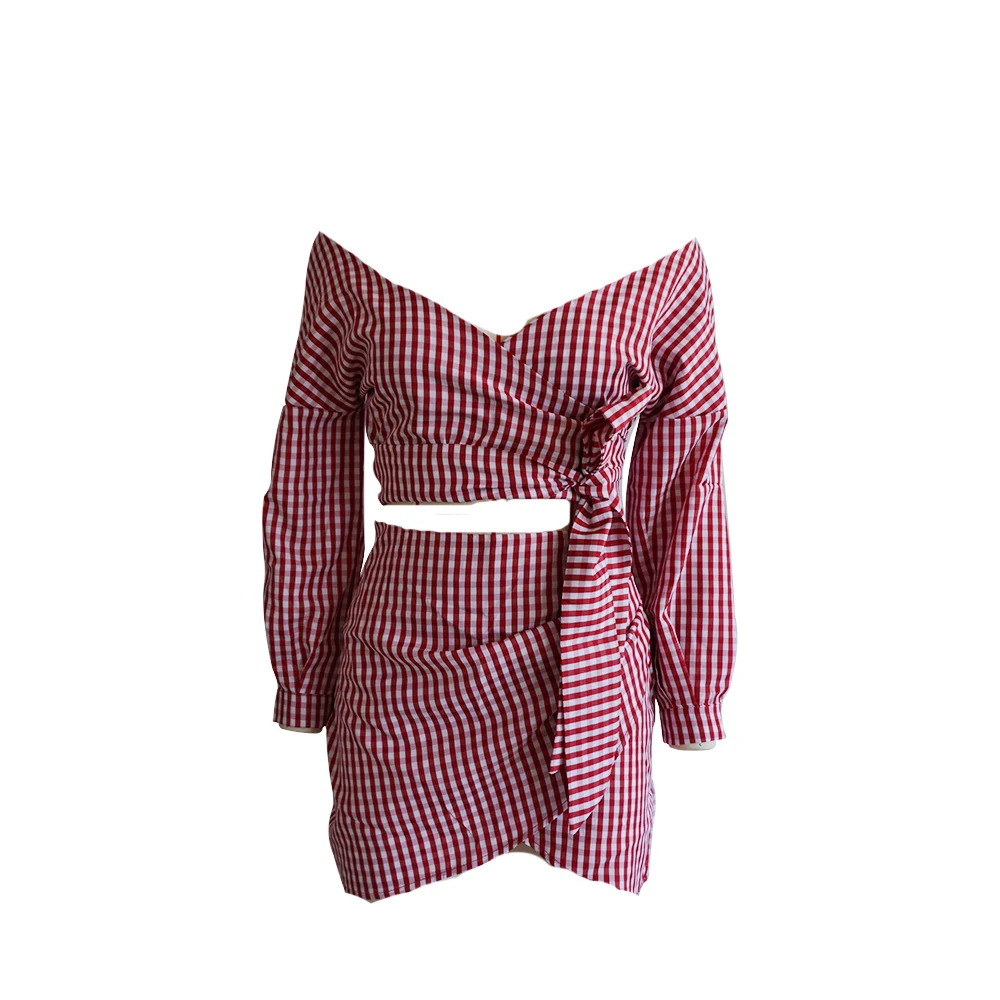 

Hot Women Deep V-neck Long Sleeve Plaid 2 Pieces Chiffon Set Bow Knot Check Top And Mini Skirt Club Clothing FS0546