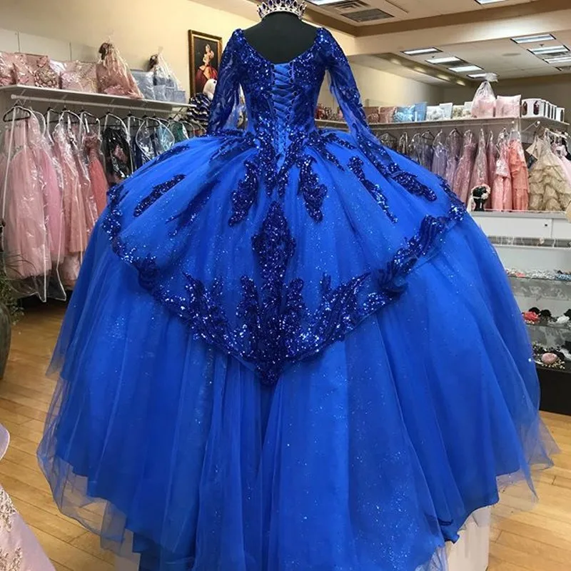 Royal Blue Sequins Quinceanera Dresses Long Sleeves Corset lace-up Sequined Ball Gown Sweet 16 Dress vestidos de xv años | Свадьбы и