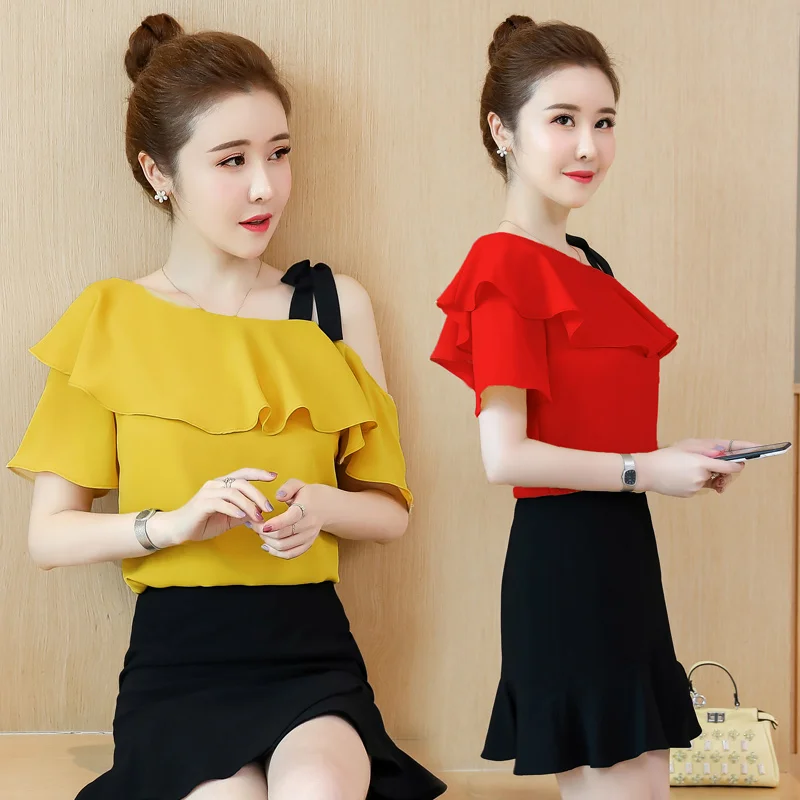 

Chikichi 2021 Summer New Chiffon Shirt Short Sleeve Chiffon Shirt Women One Shoulder Top Plus Size Women Blouses