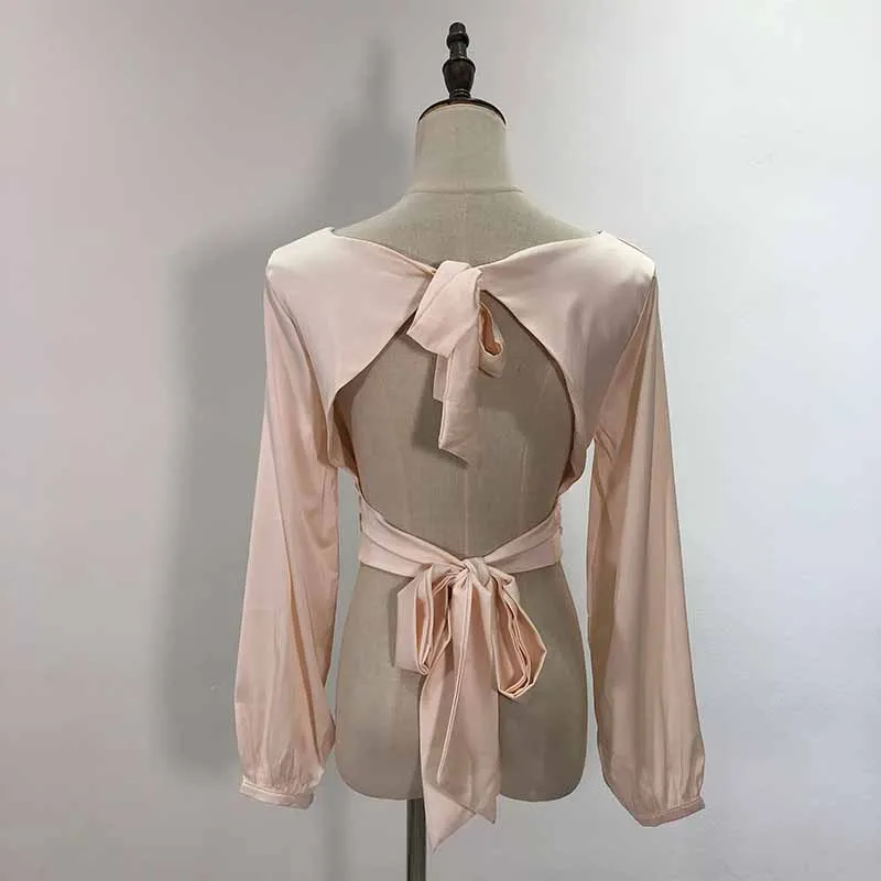 Женская атласная блузка с открытой спиной осень 2019|Блузки| |