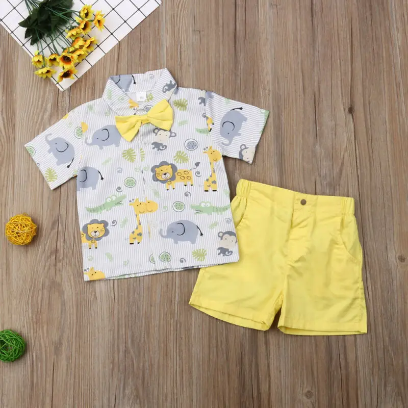 Fashion Kids Baby Boy Summer Suit Wedding Party Bowtie Gentleman Cartoon Print Shirt Shorts Pant Outfits 1-6Y | Детская одежда и