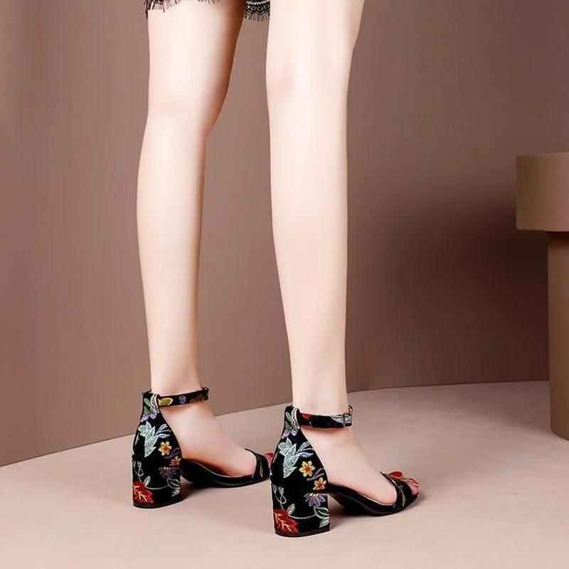 

Summer Women Sandals Embroider Ankle Strap Sandal High Heels Dress Shoes Flower Ladies Shoes Sandalias zapatillas mujer