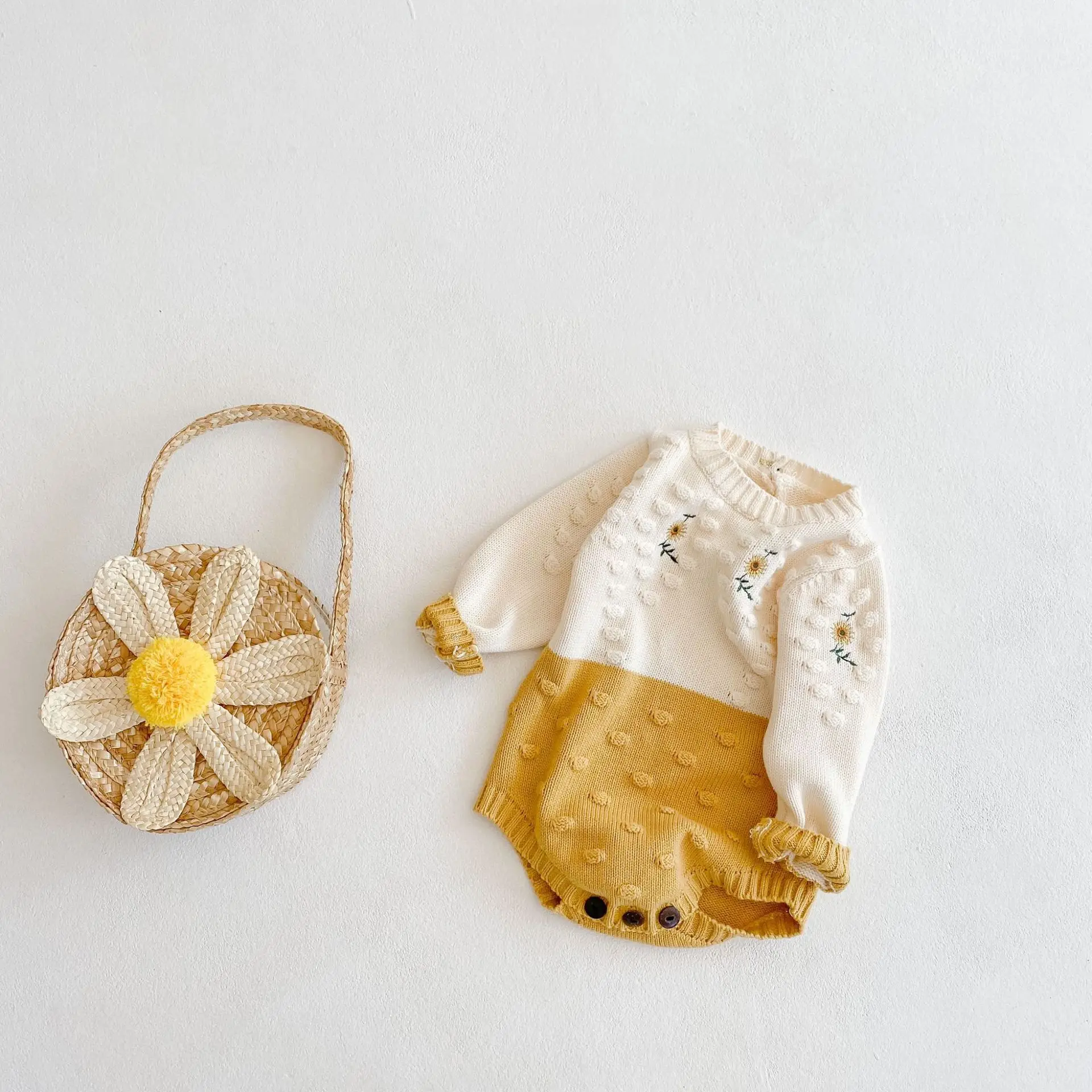 Spring Baby Girl Rompers Girl Long Sleeves Knit Sunflower Embroider Rompers Autumn Baby Girl Newborn Rompers Clothes bamboo baby bodysuits	