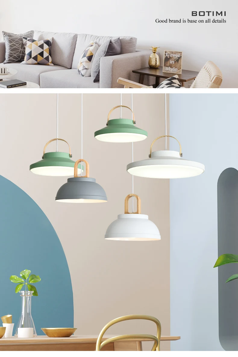 BOTIMI White Metal LED Pendant Lights For Dining Room Modern Indoor Wooden Kitchen Gray Hanging Lamp