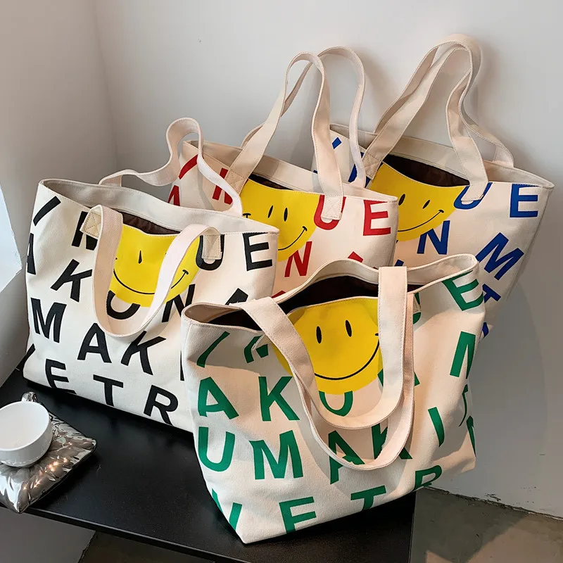 

2021New Handbags Korean Cartoon Casual Letters Smiley Canvas Bag Shoulder High Capacity Shopping Ladies Mommy Shopper With Anime