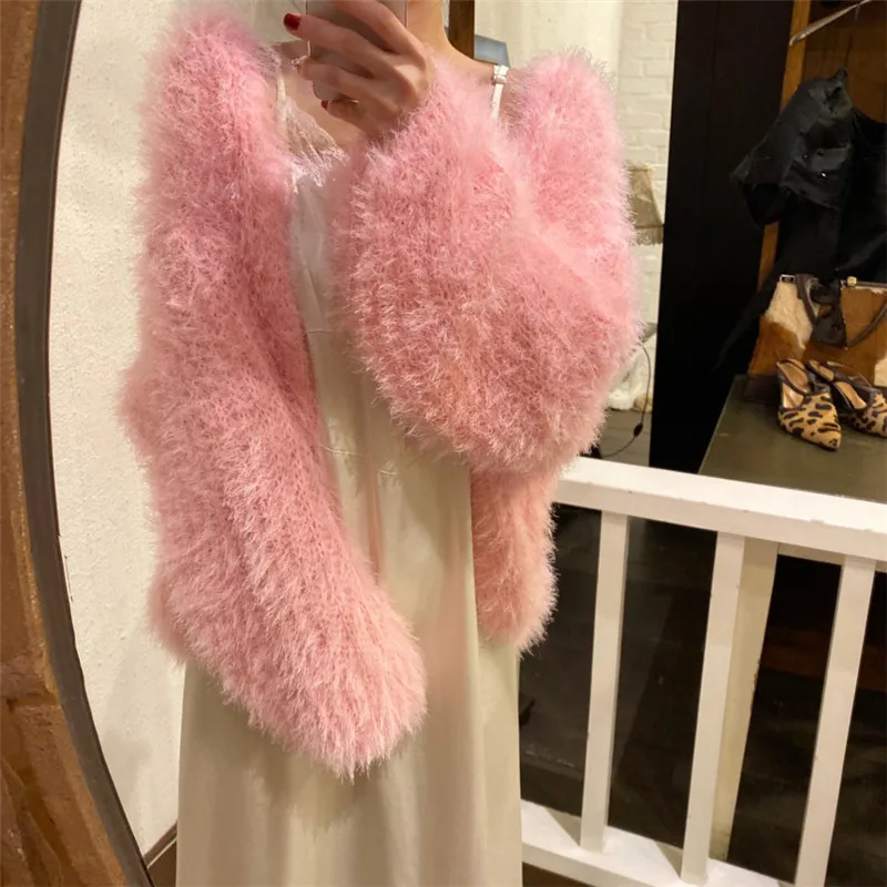 Женский кардиган с рукавами-фонариками повседневный однотонный пушистыми