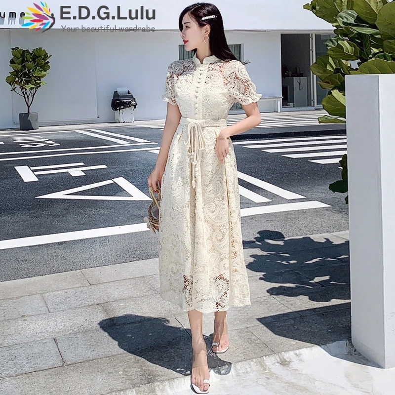 EDGLuLu 2020 весна женское элегантное ажурное кружевное платье высокого качества