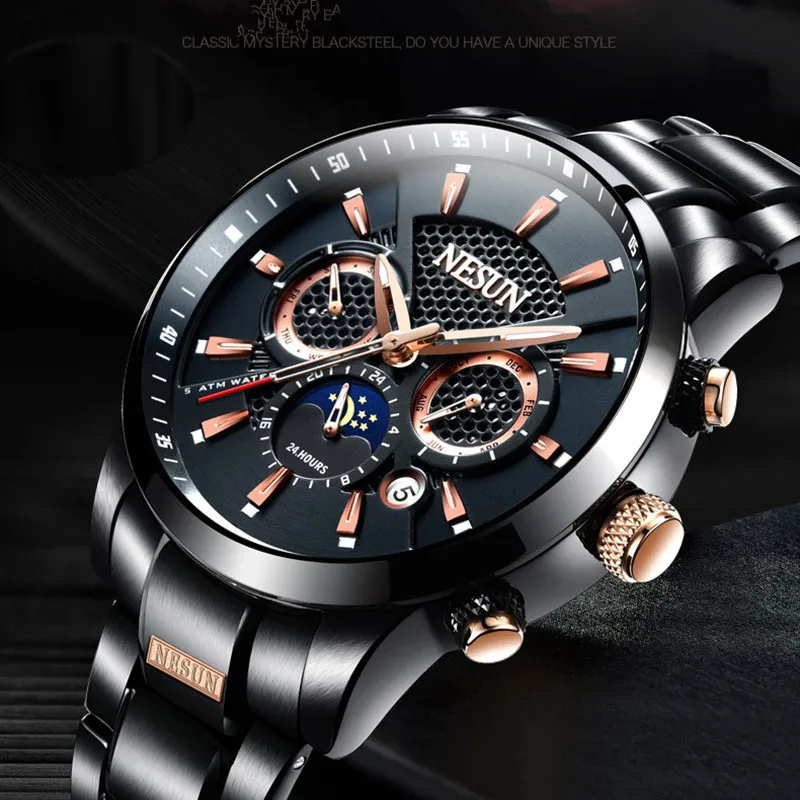 

Cool Sporty Design Men Workable 3 Eyes Automatic Watches Self-winding Full Steel Watch Moon Phase Calendar Wristwatch Waterproof