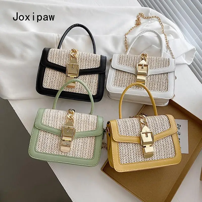 

Fashion Splicing Shoulder Straw Bag Women PU Leather Crossbody Bag Lock Designer Messenger Handbag Designer Flap Pouch