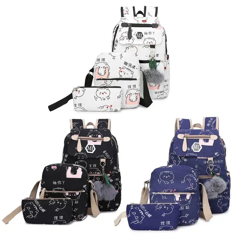 

THINKTHENDO 3Pcs/Set Women USB Charging Canvas Printing School Backpacks Schoolbag For Teenagers Student Bookbag Rucksack