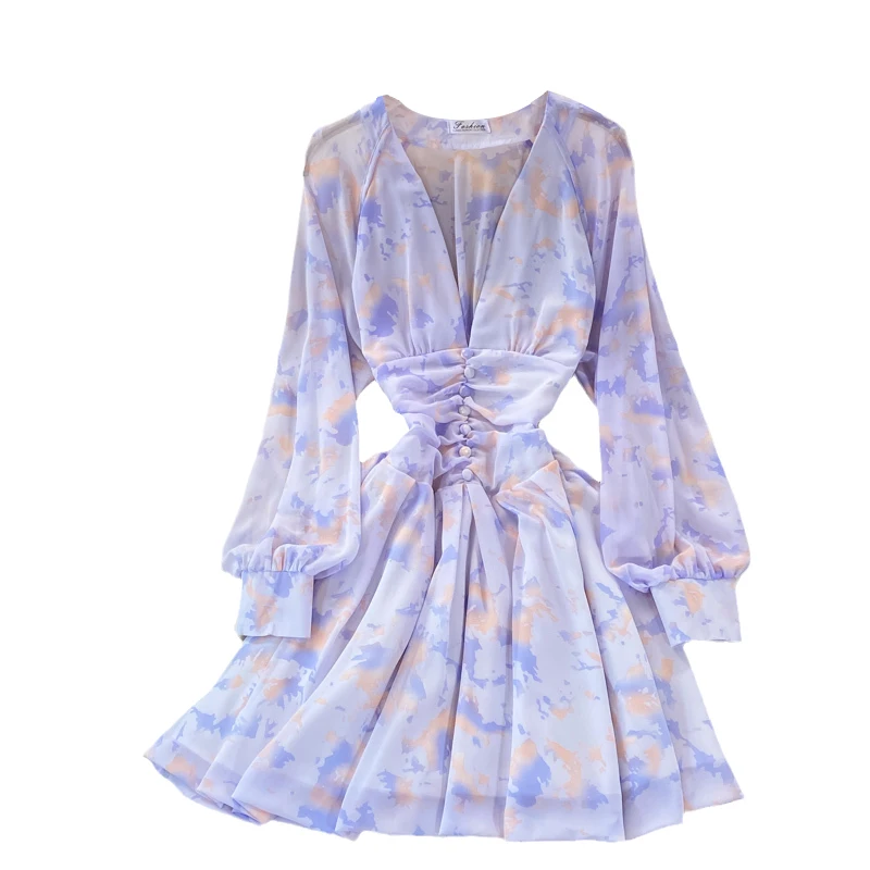 

Женское мини-платье с V-образным вырезом, длинным рукавом-фонариком