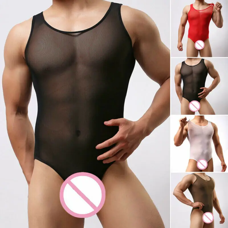 UK мужчины без рукавов боди трико стринги Сетка Прозрачная Боди Нижнее белье