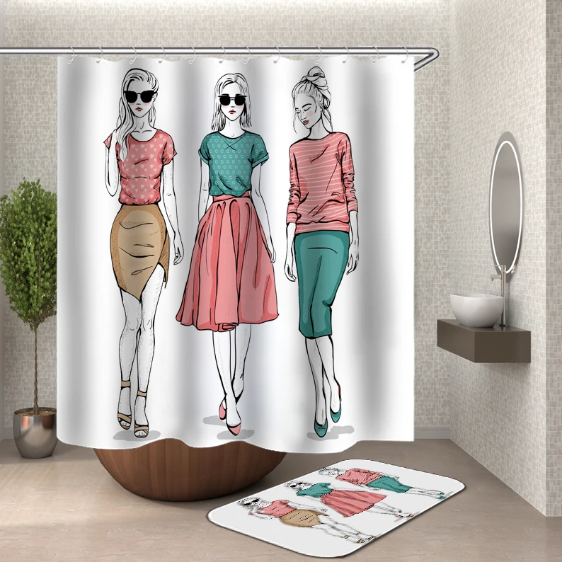 Fashion Girl White Shower Curtain Black And White Douchegordijn Bathroom Curtain Girl Women Take Shower Rideau De Douche Fabric