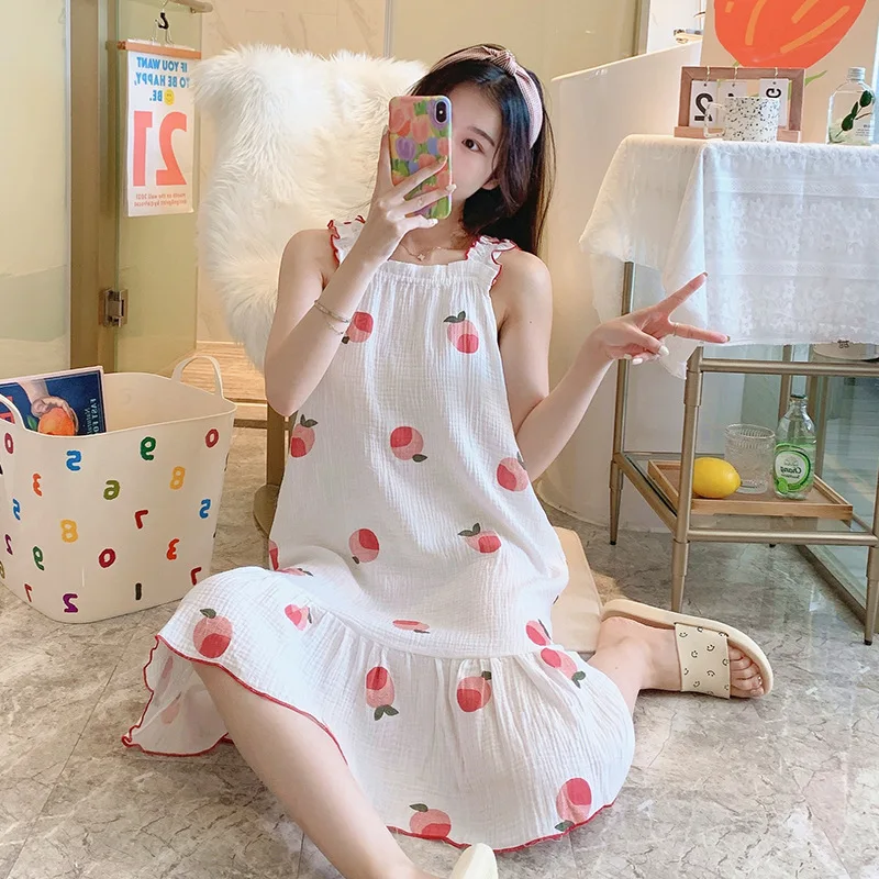 Summer Nightdress Women's Leisure Falry Dress Thin Sling Gown Nightgown Female Nightwear Simple Homewear Lady Sleepwear Skirt
