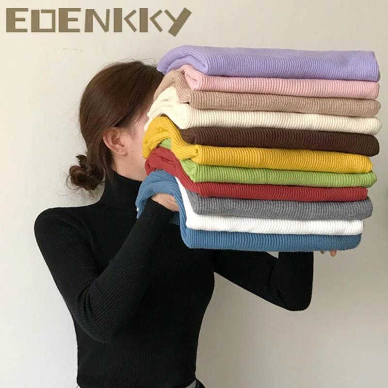 

Turtleneck Long Sleeved Sweater Autumn Winter Female Slim Pullover Tight Knit Pullover Sweater Soft Warm Femme Korean Tops