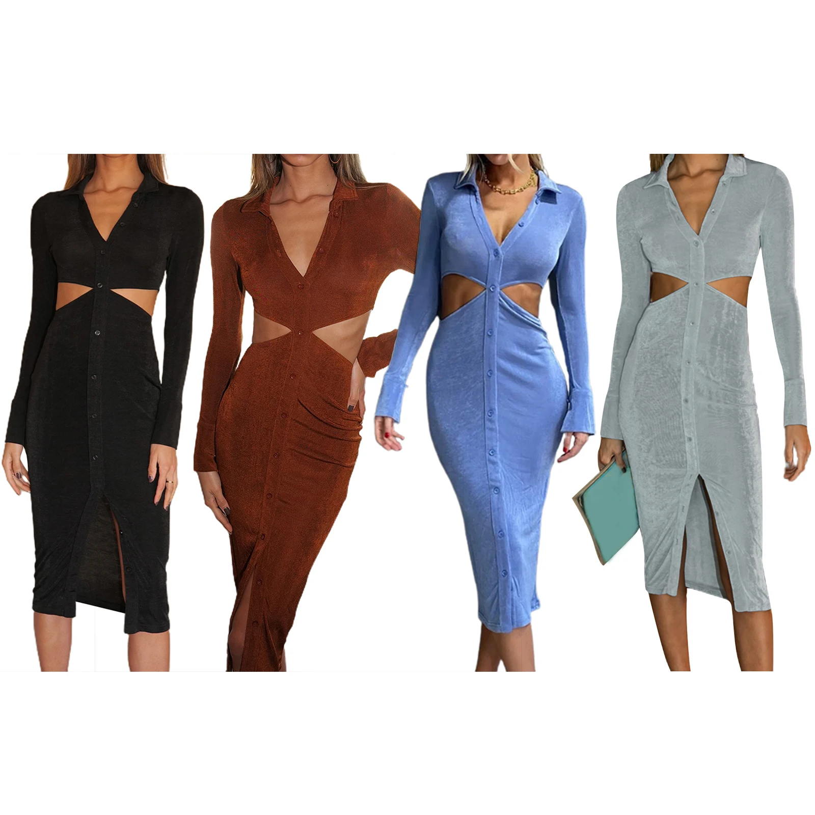 

Women Close-fitting Hollow Out Dress, Solid Color Turn-down Collar Long Sleeve Dress Female, S/ M/ L/ XL