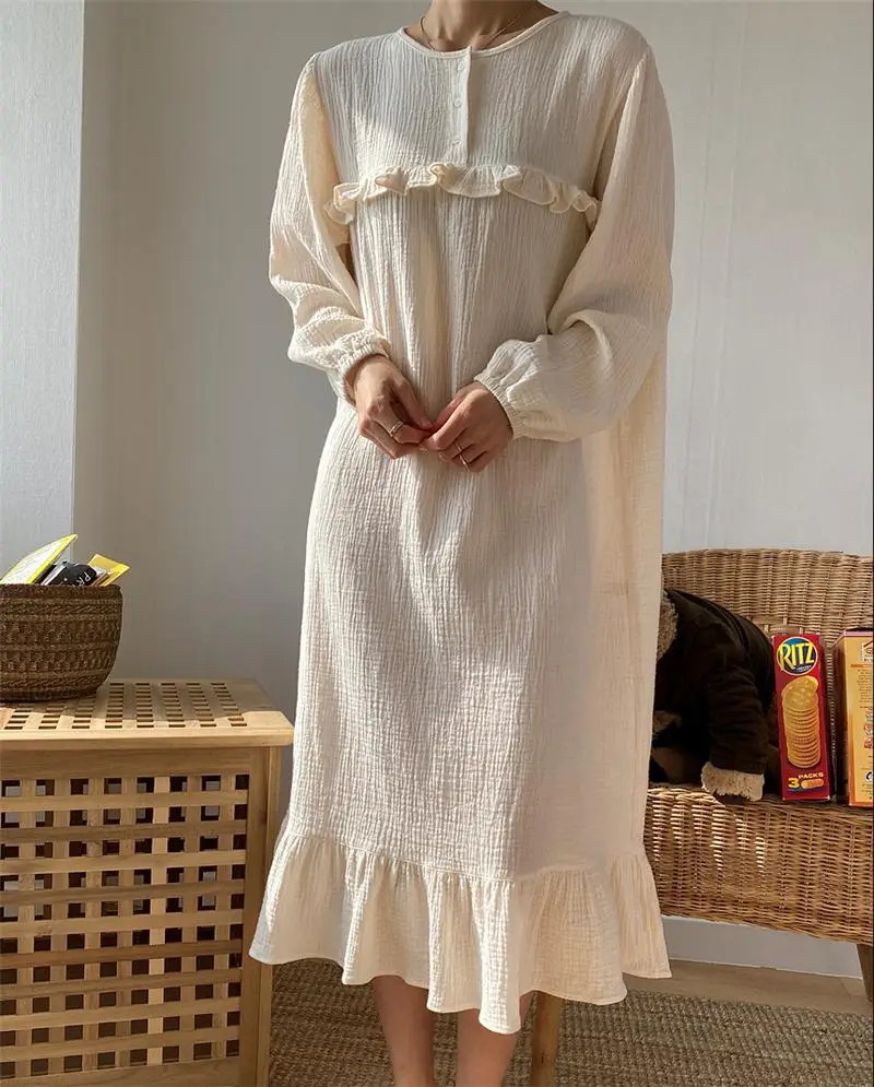 

O-Neck Cotton Vintage Nightgown Elegant Ruffles Long Sleeve Casual Long Midi Nightdress Loose Korean Homewear Sleepwear Vintage