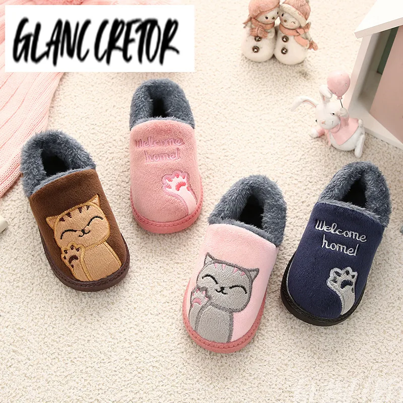 

Baby Fur Slides Cotton Cat Boys Slipper Warm Fluffy House Children Flip Flop Winter Kids Slippers for Toddler Girl Indoor Shoes