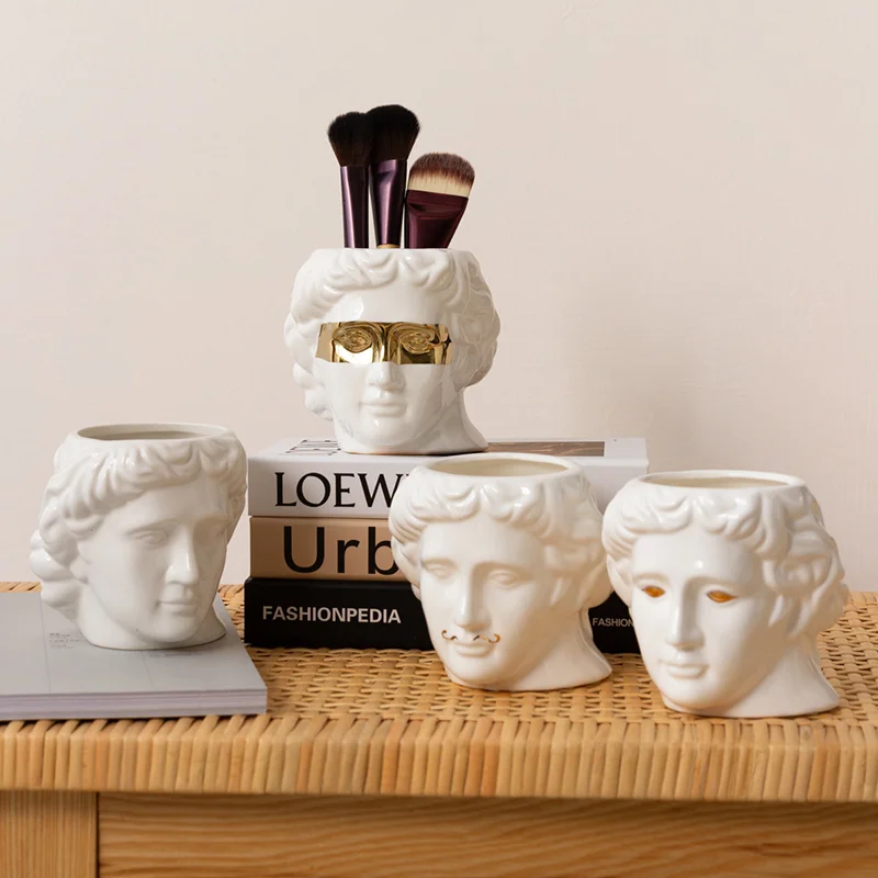 

Modern Gold White Ceramic Human Face Shape Flower Vase Pen Holder Flowerpot Home Wedding Decoration Accessories For Planter