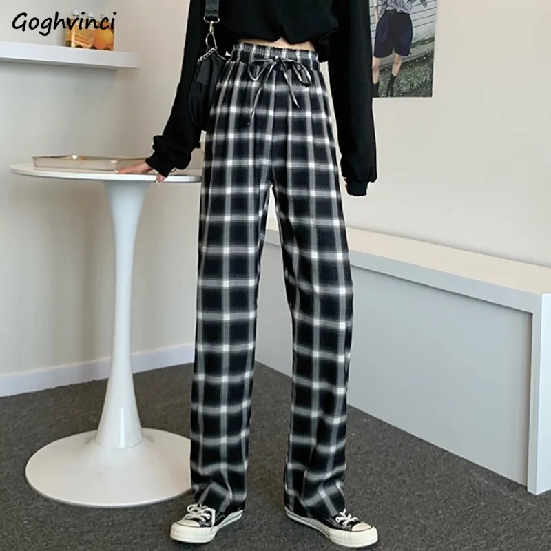 

Брюки женские повседневные в клетку с высокой талией, Свободные повседневные штаны в стиле ретро для студентов, модные Универсальные штаны ...